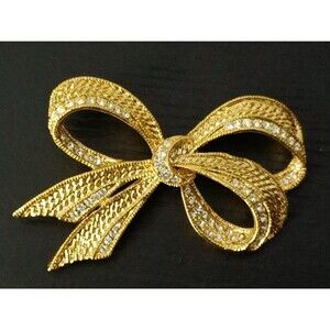 Roman Crystal Gold Tone Large Bow Vintage Brooch